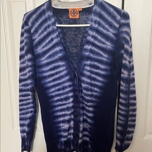 Tory Burch Navy and White Tie-Dye V-Neck Cardigan